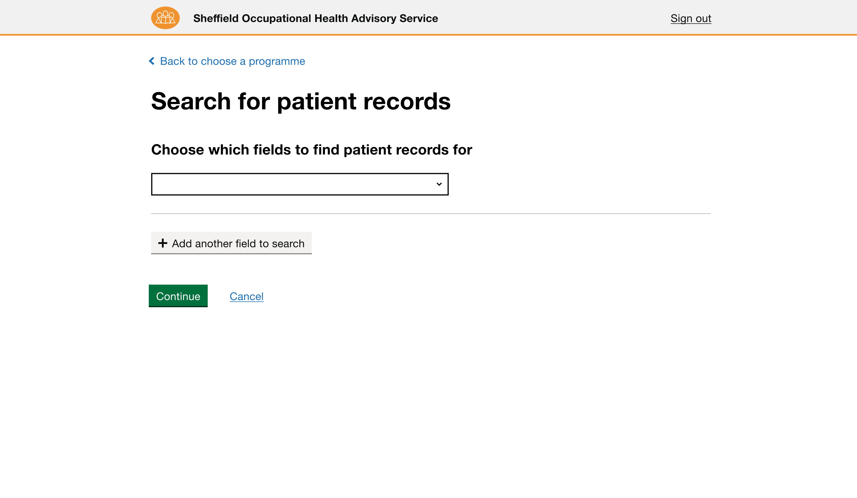 Search for a patient record page